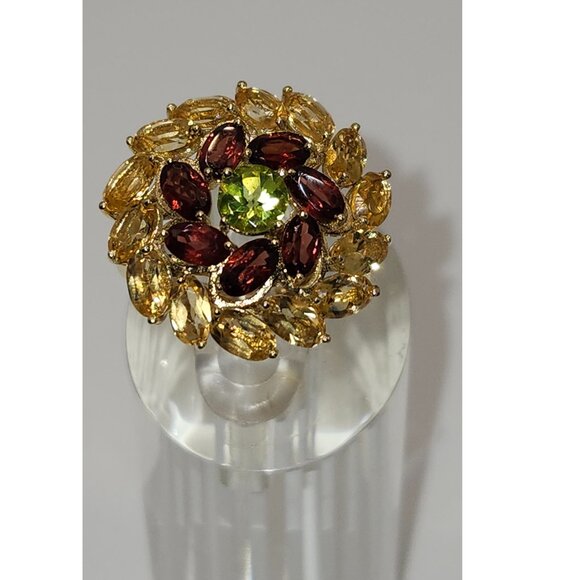 .925 Sterling Silver/14kt Gold Peridot/Garnet/Citrine Ring Size 7.5 Value $685 - Picture 4 of 9